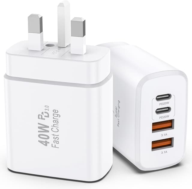 Detalle de 2-Pack 40W USB C Multiport Charger with 4 Ports (2x USB-C, 2x USB-A) for iPhone, iPad & Samsung – White