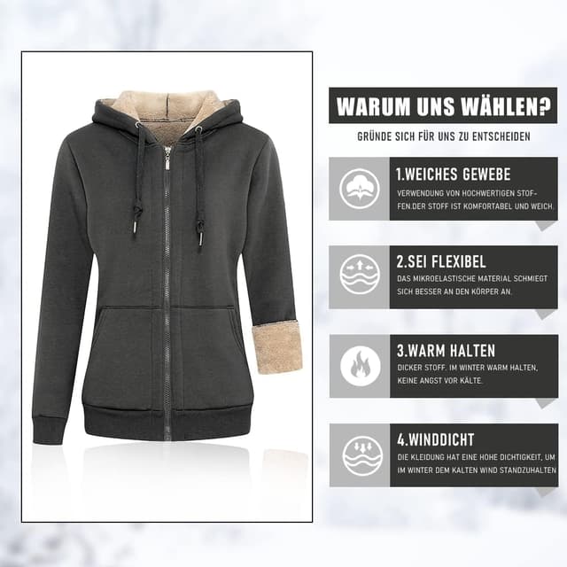 Detalle de MANLUODANNI Damen-Kapuzen-Sweatshirt mit Fleece-Futter und Reißverschluss