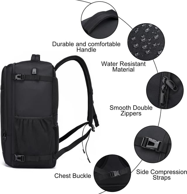 Detalle de Cabin Bag 55x35x25cm (48L) Travel Backpack with USB Charging Port and Laptop Compartment – Cabin carry-on approved, Black