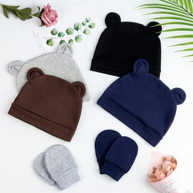 Detalle 2 de DRESHOW bonnets et moufles de naissance en coton extensible (0-6 mois) – lot de 4