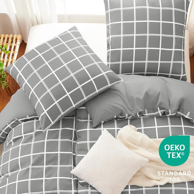 Detalle de WAVVE Bettwäsche 135x200 4-teilig (Mikrofaser) Grau mit Karo-Muster, Wendebettwäsche, mit Reißverschluss