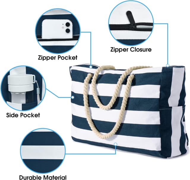 Detalle de oscaurt Large Waterproof Beach Bag with Zip & Rope Handle – Extra Capacity Tote for Travel, Pool & Shopping