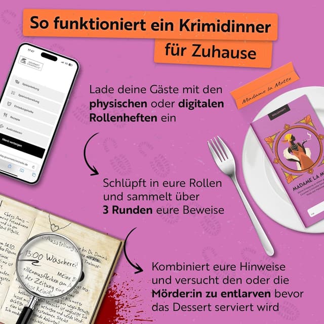 Detalle de Gourmet Criminelle® Krimidinner für zuhause: Mysteriöser Mordfall am Eiffelturm (für 4–6 Personen, ab 16 Jahren)