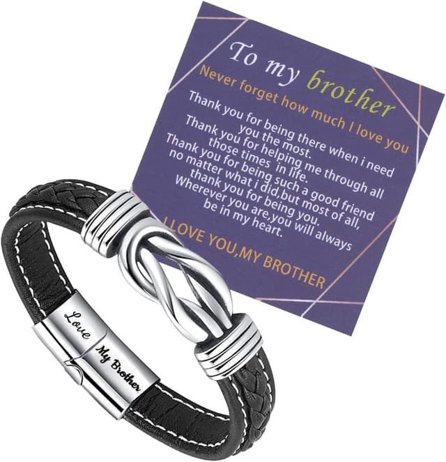 Detalle de Leather braided bracelet with engraved “Love My Brother” clasp gift for men