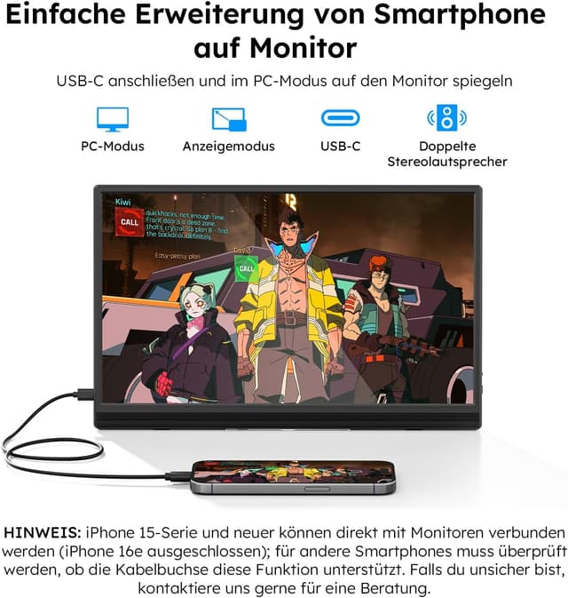 Detalle de Dopesplay Portable Monitor 15,6 Zoll (1080P) mit Lautsprecher & einstellbarem Ständer – ultradünnes USB‑C/HMDI Zusatzdisplay