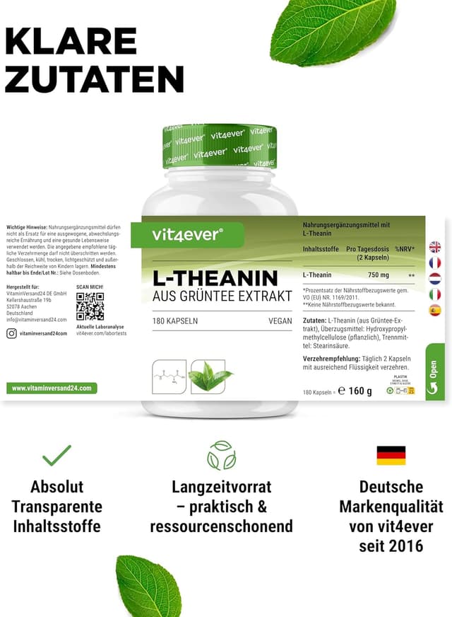 Detalle de L-Theanin – 180 Kapseln mit 750 mg pro Tagesportion (2 Kapseln) aus Grüntee-Extrakt – vegan