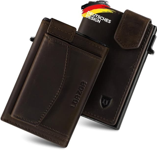 Detalle de LORZOR Kartenetui mit XXL Münzfach (für 10+ Münzen), magnetischer Verschluss und RFID-Schutz – Slim Wallet aus Vollrindleder