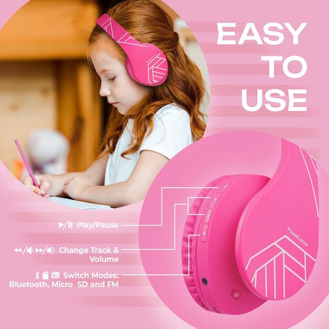 Detalle 2 de PowerLocus P2 Kids Wireless Headphones (Over-Ear) with 85dB Volume Limit, Mic, Foldable Case & Micro SD Support – Pink