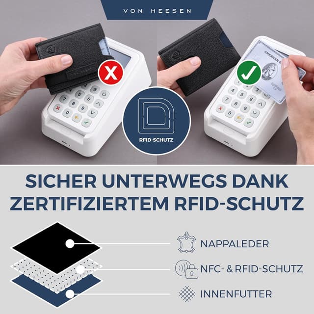 Detalle de VON HEESEN Leder Slim Wallet Geldbeutel mit RFID-Schutz – Mini-Kartenetui aus Echtleder