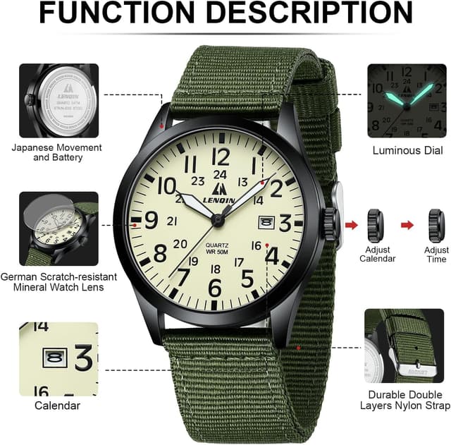 Thumbnail 3 de LENQIN Militäruhr Herren mit Datum 30M Nylon-Armband