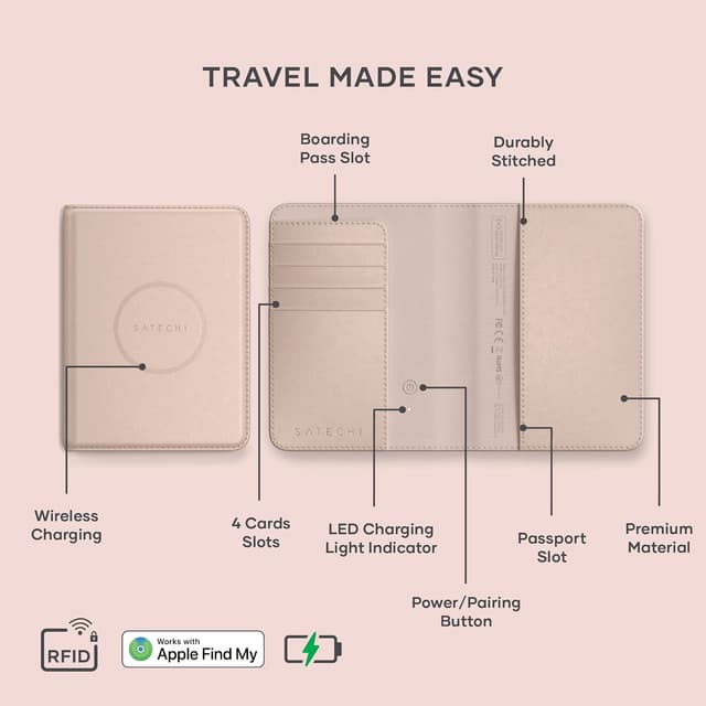 Detalle 2 de Satechi Passport Holder for Travel with Find My, Wireless Charging, RFID Protection (Desert Rose)