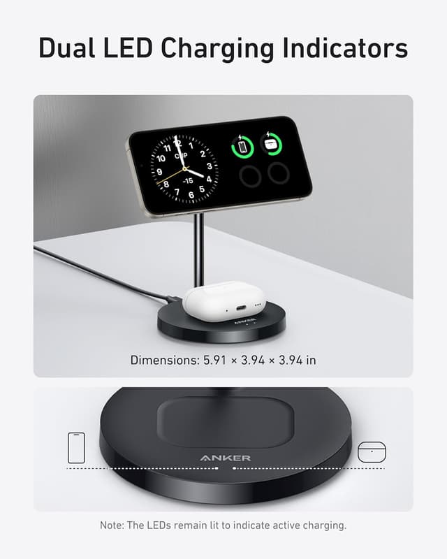 Detalle de Anker MagGo 2-in-1 Wireless Charging Station (MagSafe compatible) with Qi2 15W stand
