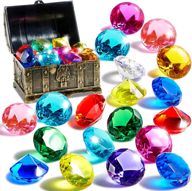 Detalle de Sloosh Diving Toy Gemstone Set: 16 Big Colourful Diamond Gems with Pirate Treasure Chest Box