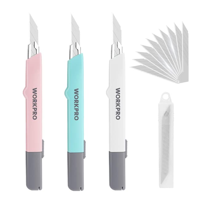 Detalle de WORKPRO Taglierino cutter con lame da 9 mm (set da 3 colori, sicurezza e ricambi)