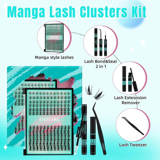 Detalle 2 de Manga Lash Clusters Kit (144PCS) with Invisible Lash Band, Bond & Seal, Remover, and Applicators (8–16mm)
