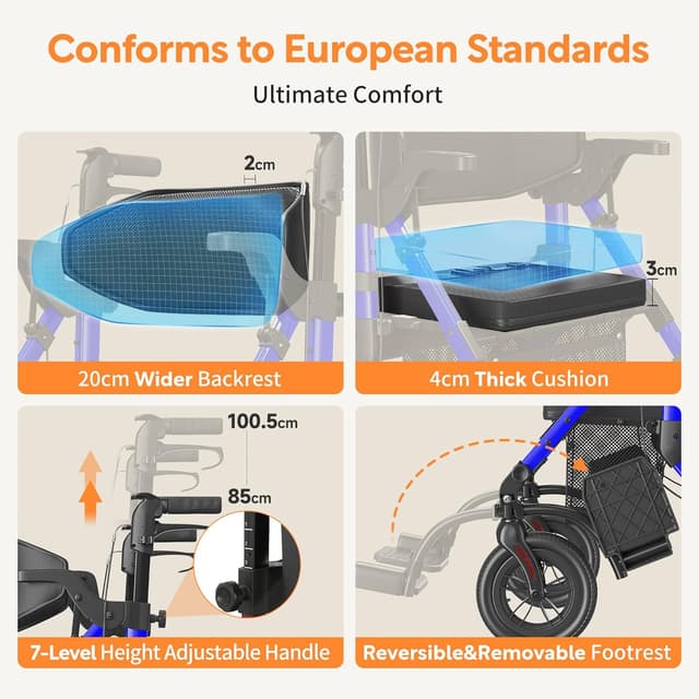 Detalle de VOCIC Déambulateur fauteuil roulant 2 en 1 en aluminium réglable (bleu) – 5 ans de garantie