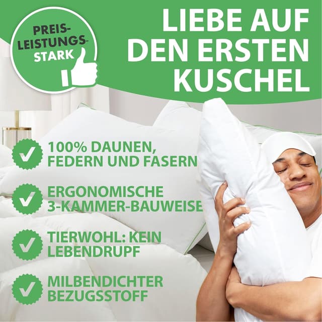 Detalle de Welldora Premium Kopfkissen 80x80 (3-Kammer) mit natürlichen Daunenfasern & Federn – ergonomisch gegen Nackenspannungen