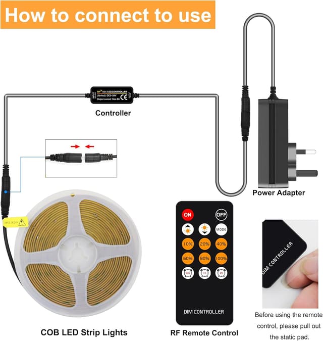 Detalle 2 de AXMOTUT COB LED Strip Light (Warm White 3000K) with RF Remote and UKCA Power Supply