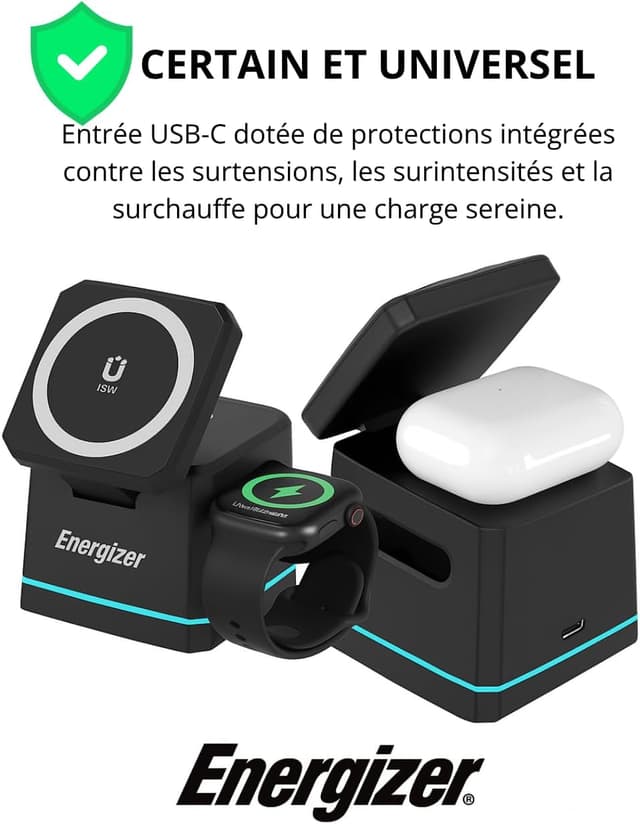 Detalle 2 de Energizer WCP307 chargeur de bureau 3-en-1 sans fil 15 W avec MagSafe, support pliable et hauteur réglable