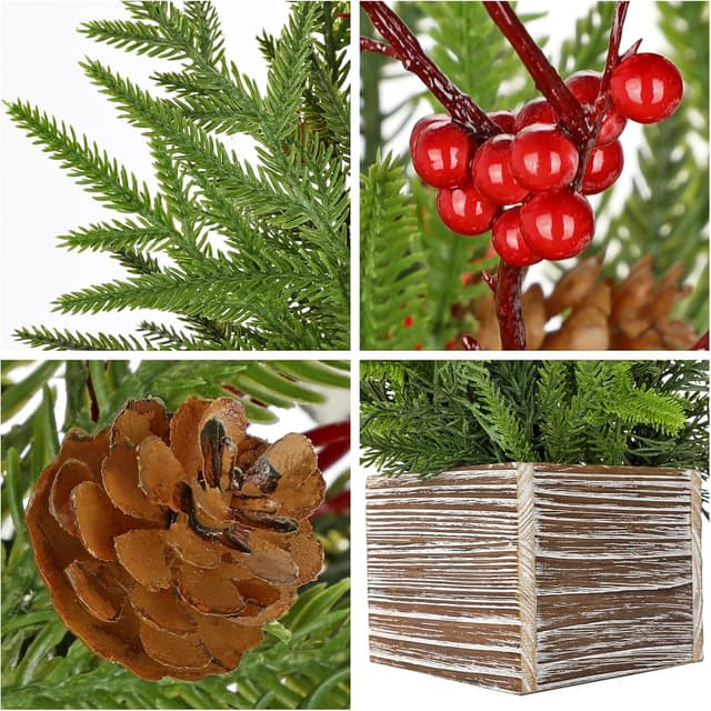 Detalle 2 de Arborus künstliche Weihnachtspflanze im Topf – rustikale Tischdeko mit Tannenzapfen, Beeren & Holzschale