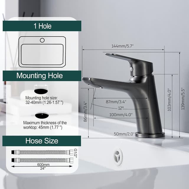 Detalle de BELZ brass basin mixer tap (single lever) in gunmetal – hot & cold bathroom sink faucet