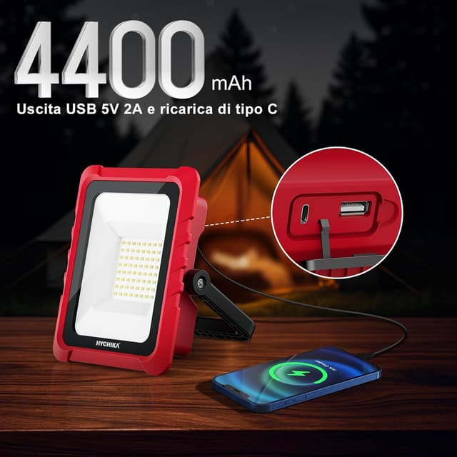 Detalle de HYCHIKA Faro LED Ricaricabile 20W 2000 lumen 6500K IP65 con ricarica USB e Type-C