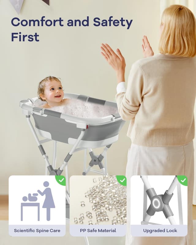 Detalle de 3 in 1 Foldable Baby Bath with Stand (Grey) – Folding Tub, Stand & Clothes Hanging Rack