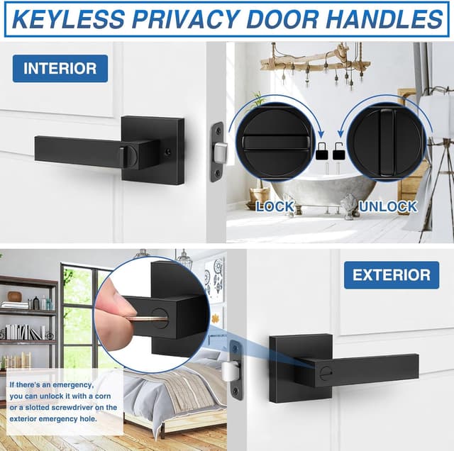 Detalle de Plustool 6-Pack Matte Black Keyless Privacy Door Lever Locksets (Square, Reversible)