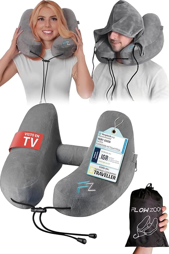 Detalle de FLOWZOOM Almohada de Viaje Hinchable – Cojín de Cuello con Capucha