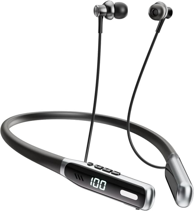 Detalle de NEOQOQO Wireless Neckband Earbuds (Bluetooth 5.4) with Built-In Mic, Deep Bass, 80H Playtime (Black)