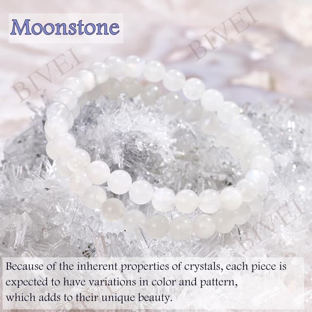 Detalle de Bivei Perlenarmband für Frauen mit Mondstein, 6 mm – dehnbares Elastikarmband für Yoga & als Geschenk