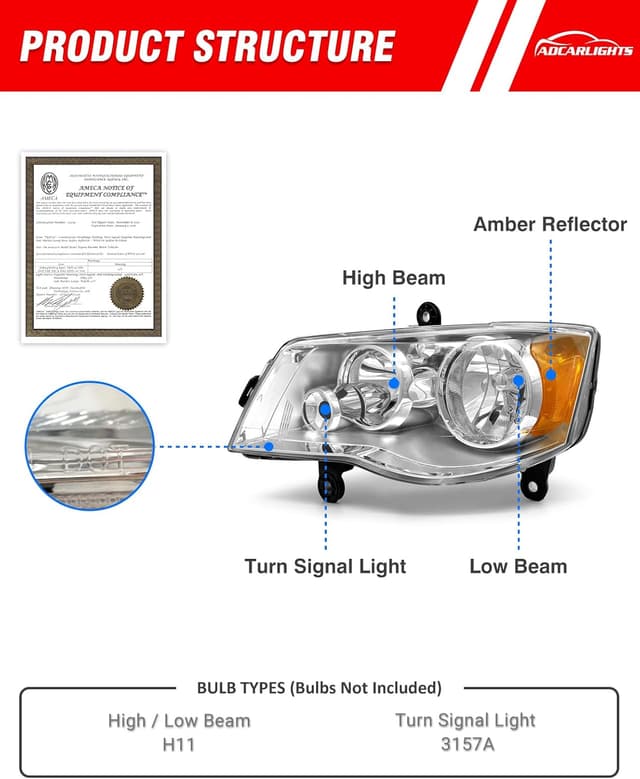 Detalle de ADCARLIGHTS OE-style Headlights for 2011–2018 Dodge Grand Caravan and 2008–2016 Chrysler Town & Country (Chrome Housing, Amber Reflector)