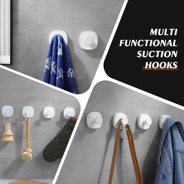 Detalle 2 de ZUNTO 4 Pack Suction Cup Hooks (No Drilling) for Bathroom & Kitchen – White stainless steel towel holders