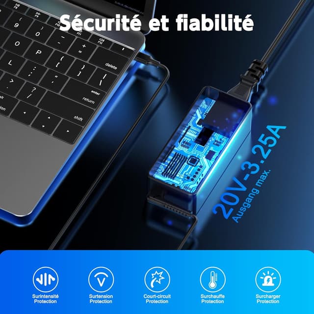 Detalle de USB‑C Laptop-Netzteil 65W für Lenovo ThinkPad & Yoga – passend für viele Modelle