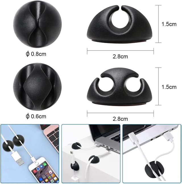 Detalle de URAQT Cable Clips Holders (15 pcs) – desk cord cable management clips for home, office and car, black