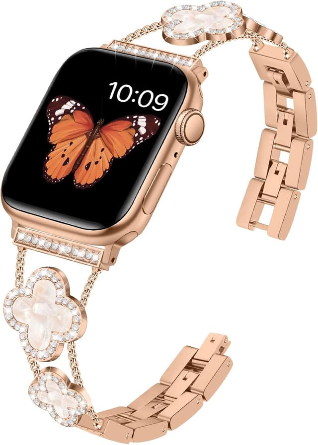 Detalle de Tasikar Bling Diamond Women Straps for Apple Watch (Rose Gold) – Lucky Clover Dressy Replacement Bracelet