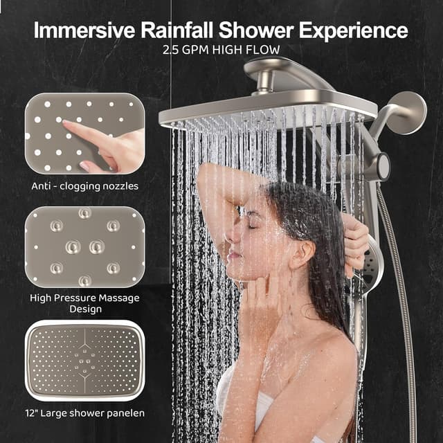 Thumbnail 6 de Magnetic Dual Rain Shower Head Combo with Handheld High-Pressure Sprayer, Adjustable Angle Stand Dock & 12-Inch Square Rain Head