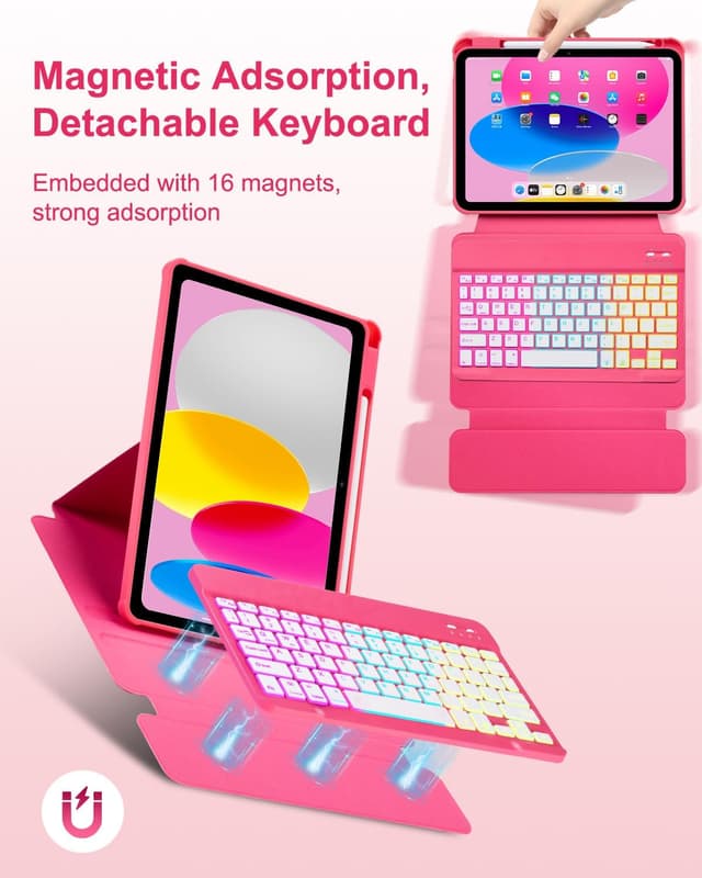 Detalle de EAMPANG iPad keyboard case with rainbow backlit detachable keypad for 11th/10th gen A3354/A3355/A3356 and A2696/A2757/A2777/A3162