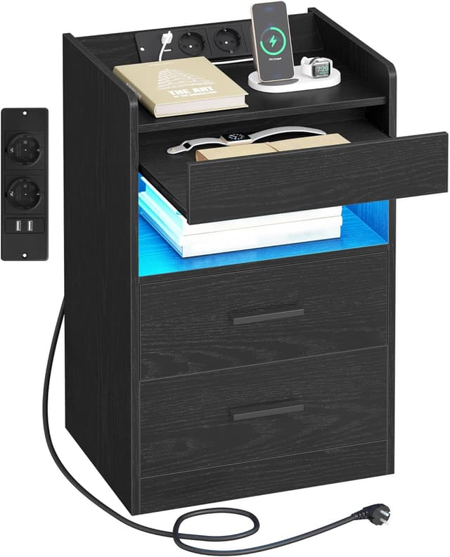 Detalle de Hzuaneri table de chevet avec compartiment caché, éclairage LED, 2 prises et 2 ports USB (Noir NS33504XEU)