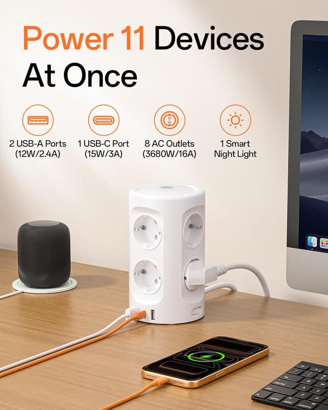 Detalle 2 de KEMELO 8-fach Mehrfachsteckdose mit Nachtlicht und USB‑C, Überspannungsschutz, Schalter & 2‑m-Kabel (3600 W)