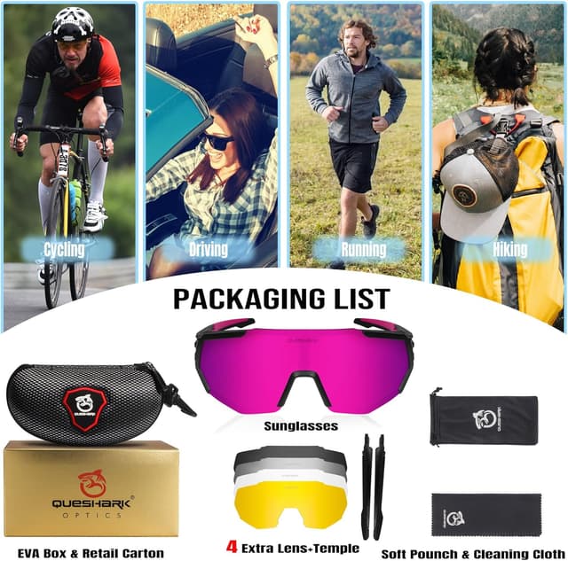 Detalle de Queshark Polarizzati anti-UV occhiali da ciclismo con lenti intercambiabili