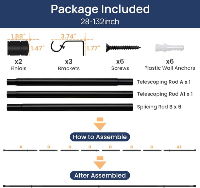 Thumbnail 5 de Matte Black Curtain Poles 70–335cm adjustable rod