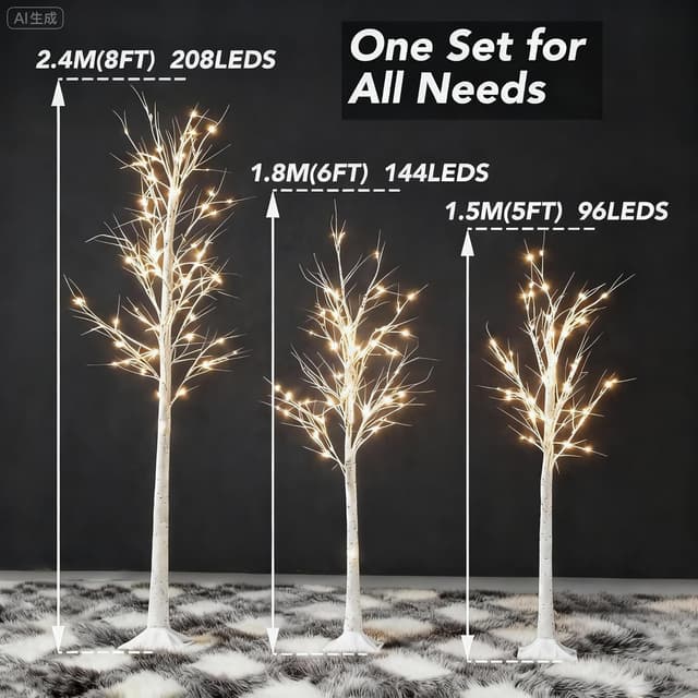 Detalle 2 de White twig tree set with lights (5ft, 6ft, 8ft) – 3 pack with 448 LEDs