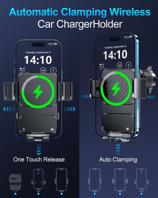 Detalle de Guceful Wireless Car Charger (15W) + Auto-Clamping Air Vent Phone Mount