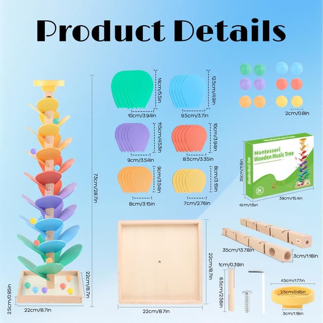 Detalle de Wooden Marble Run Music Tree Toy for Kids (49-Piece Set, Ages 3–5)