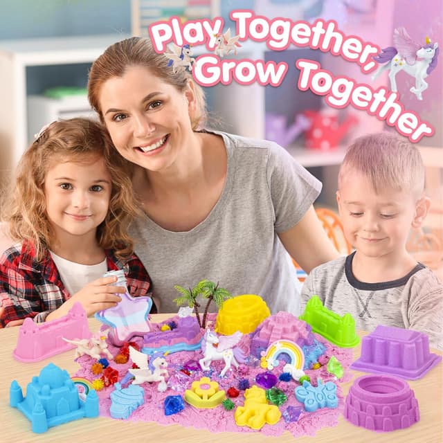 Detalle 2 de snookids Einhorn-Sandspielzeug-Set mit Himmelssand, 24 Formen & Aufbewahrungsbox (690 g)