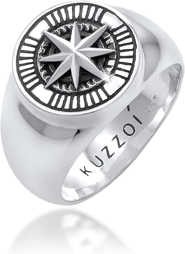 Detalle de Kuzzoi anello da uomo in argento Sterling 925 con sigillo rotondo e bussola, nero ossidato (misure 60-66)