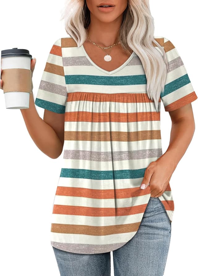 Detalle de WEESO Women’s V-Neck Pleated Short Sleeve T-Shirt Dressy Casual Top