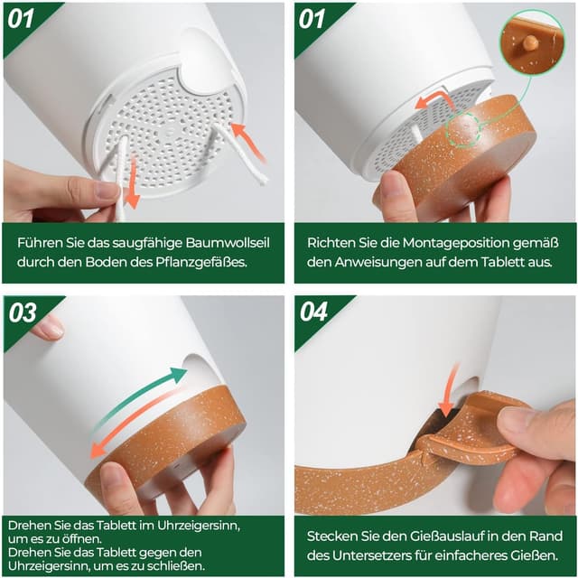 Thumbnail 6 de T4U set da 3 vasi autoirriganti da esterno/interno 16,5 cm (bianchi) con sottovasi e corda in cotone