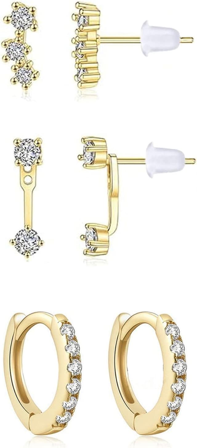 Detalle de BVLAGIDA – Set de 3 paires de boucles d’oreilles femme plaqué or 14 carats, créoles et clous zirconium (hypoallergéniques)